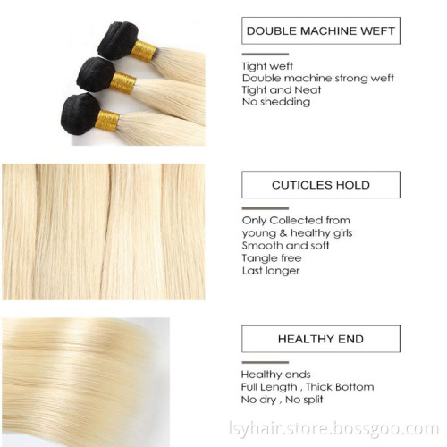 Lsy Wholesale Hair Weave  Pre Colored  613 Blonde Dark Black Root Human Hair Peruvian Straight Wave With Closure
